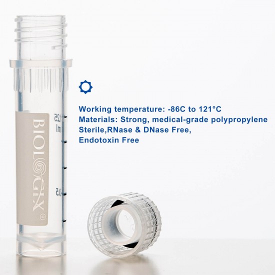 2ml Cryogenic Vials, Lab Vials for Low Temperature Storage, 50/Bag, 500/Pack, 2000/Case