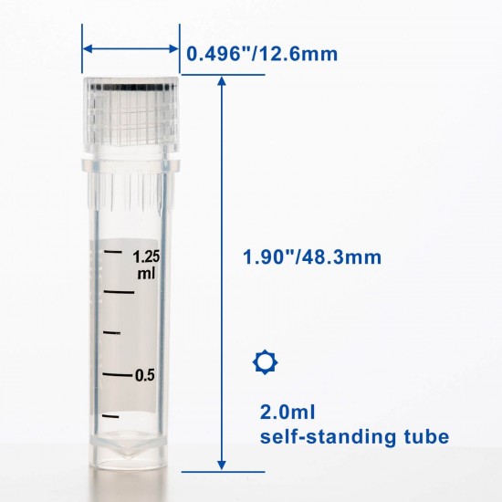 2ml Cryogenic Vials, Lab Vials for Low Temperature Storage, 50/Bag, 500/Pack, 2000/Case